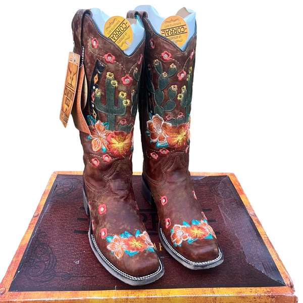 Corral A3735 Discontinued Women’s Honey Cactus Inlay & Embroidered Square Toe Western Boots ~ NEW IN BOX