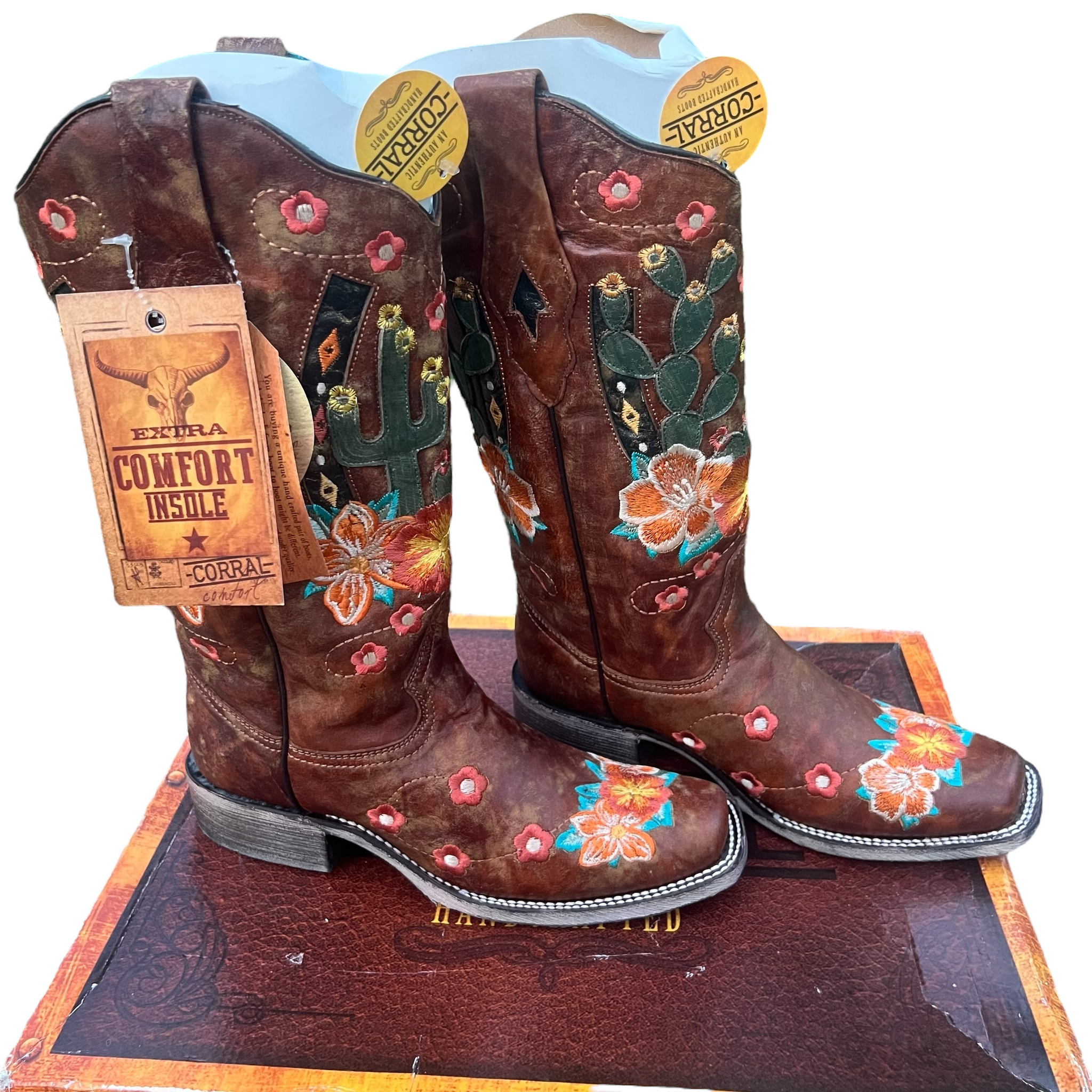 Corral A3735 Discontinued Women’s Honey Cactus Inlay & Embroidered Square Toe Western Boots ~ NEW IN BOX