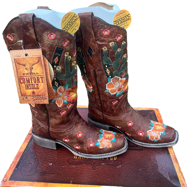 Corral A3735 Discontinued Women’s Honey Cactus Inlay & Embroidered Square Toe Western Boots ~ NEW IN BOX